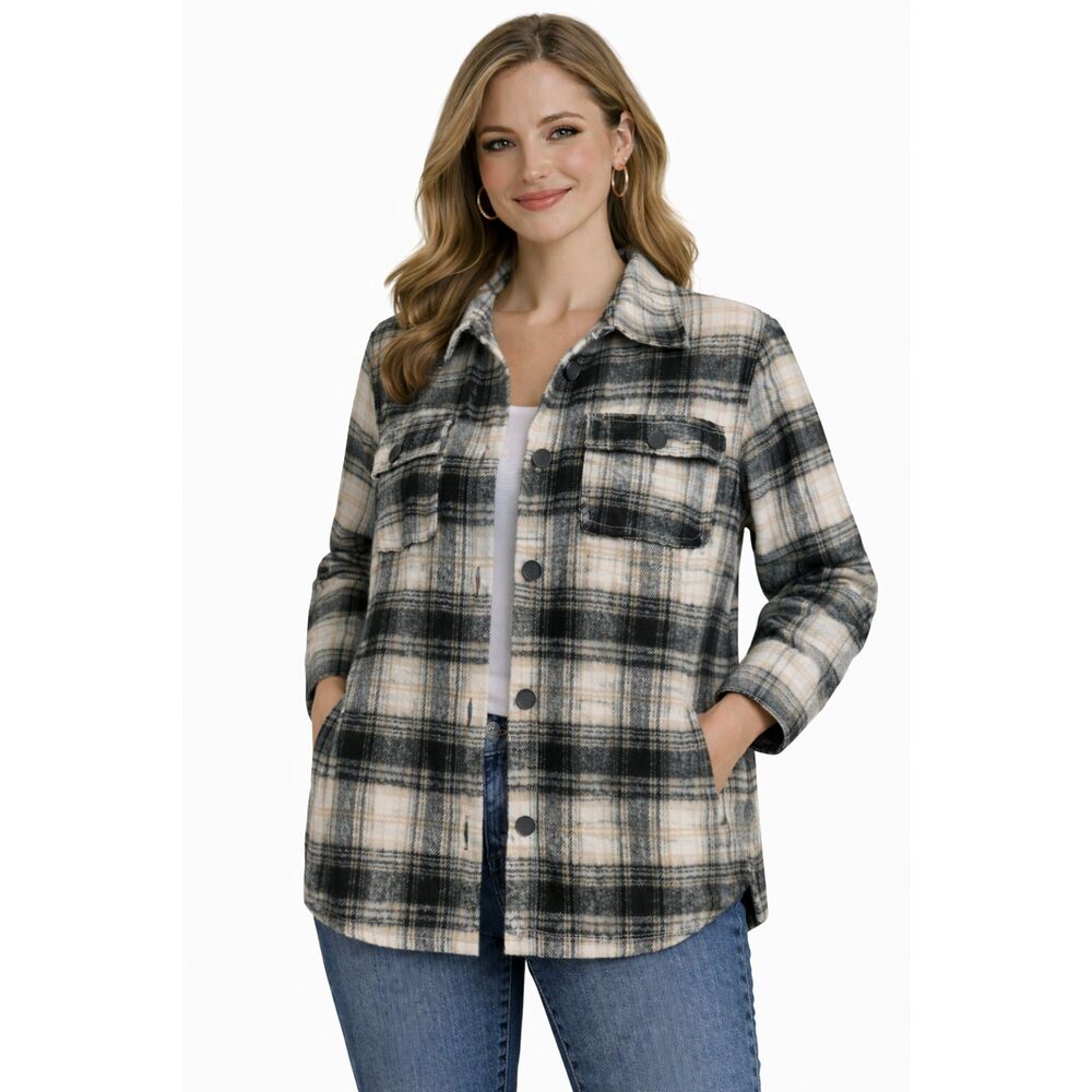 NY Collection Woman Women’s 1XL Plaid Shacket Jacket Side Seam Pockets #O